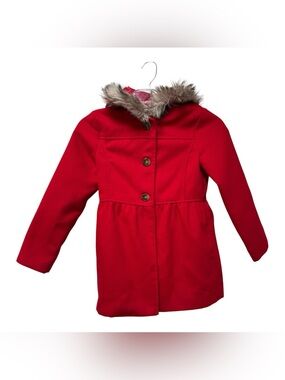 Girls' Red Hooded Coat with Faux Fur Trim Size 7 / 8